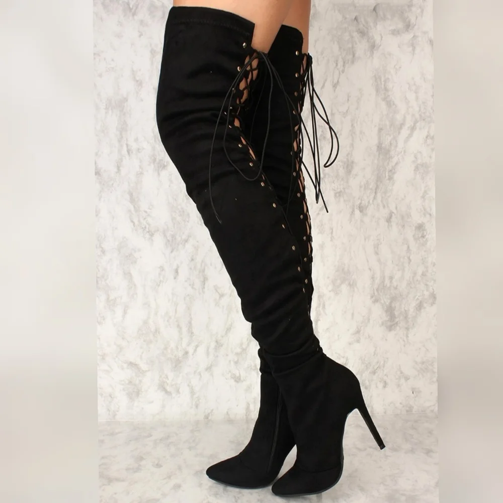 ❤BEST SELLER ❤ dolls Black Faux Suede Thigh High Lace U - Picture 5 of 9